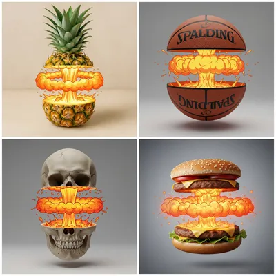 Cut objects with cartoon explosion generated by AIGH AI Graphics Hub