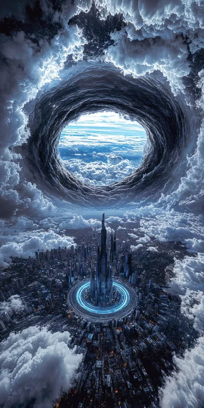 Giant vortex charging through storm clouds over the city generated by AIGH AI Graphics Hub