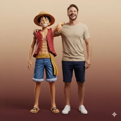 A hyper-realistic full-body portrait interacting with Luffy generated by AIGH AI Graphics Hub