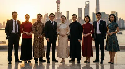 Taking a group photo at the Shanghai Bund wearing famous clothes generated by AIGH AI Graphics Hub
