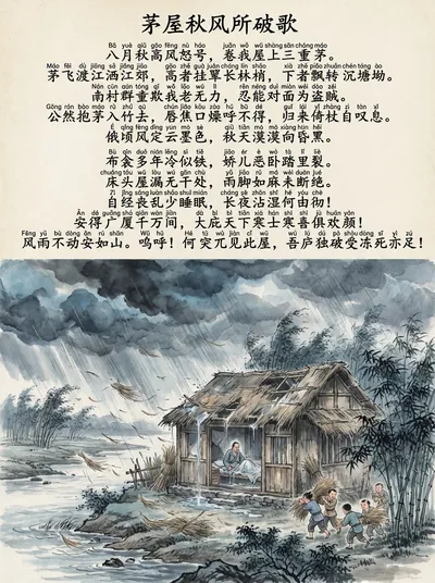 Song of the Thatched Cottage Destroyed by Autumn Wind Chinese and Pinyin Image generated by AIGH AI Graphics Hub
