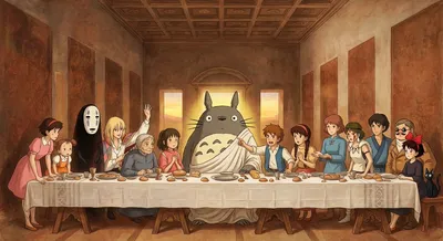 Miyazaki Hayao's characters walk into The Last Supper generated by AIGH AI Graphics Hub