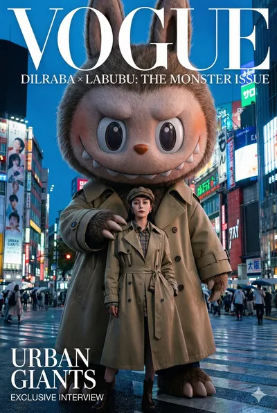 Labubu and Dilraba High-end Fashion Spread generated by AIGH AI Graphics Hub