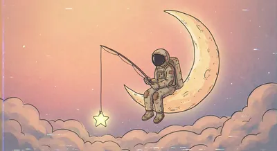Astronaut sitting on the curved moon fishing for stars generated by AIGH AI Graphics Hub