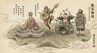 Journey to the West master and disciples formed a rock band generated by AIGH AI Graphics Hub
