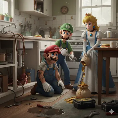 Mario and Luigi fixing the kitchen for Princess Peach generated by AIGH AI Graphics Hub