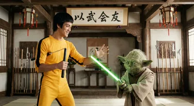Bruce Lee and Master Yoda meeting through martial arts generated by AIGH AI Graphics Hub