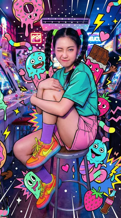 Young woman sitting sideways on an arcade machine generated by AIGH AI Graphics Hub