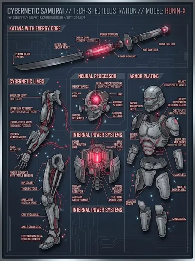 Detailed technical diagram of a cyber warrior generated by AIGH AI Graphics Hub