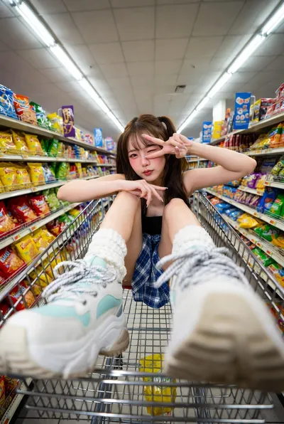 Young woman sitting in a shopping cart generated by AIGH AI Graphics Hub
