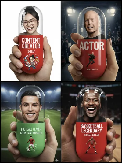 Close-up of a human hand holding a giant vertical pill generated by AIGH AI Graphics Hub