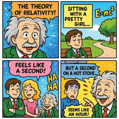 Four-panel Comic (Relativity) generated by AIGH AI Graphics Hub